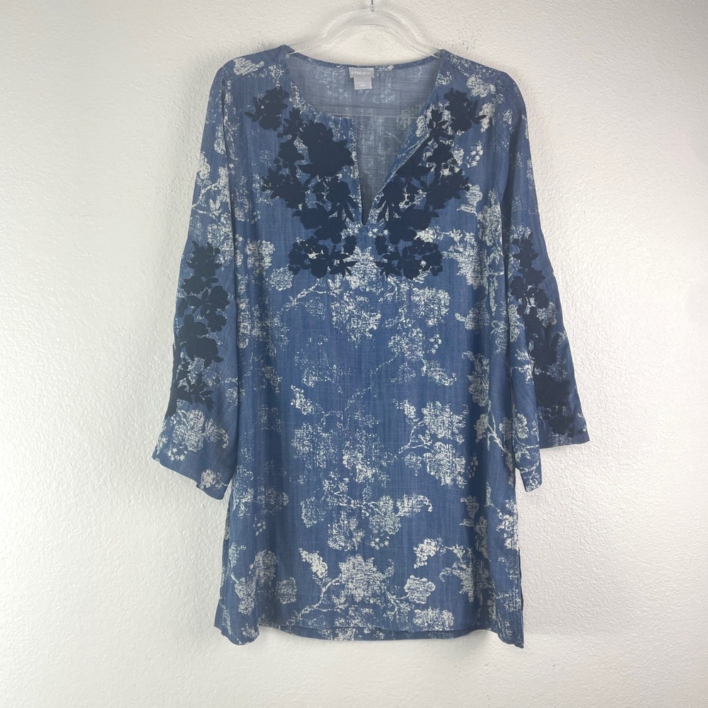 Chico's Embroidered Floral Tencel Tunic Size 1 Blue Boho Coastal Cottagecore